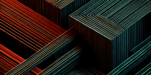 Abstract image of intersecting rectangular prisms with red and teal parallel lines, reminiscent of an intricate SOC design, creating a captivating geometric pattern.