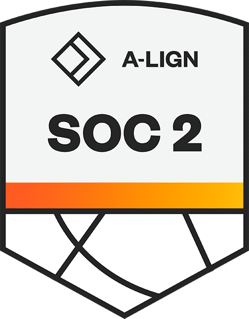 The A-LIGN SOC 2 badge features geometric design elements and an orange gradient line, embodying a commitment to SecOps excellence.
