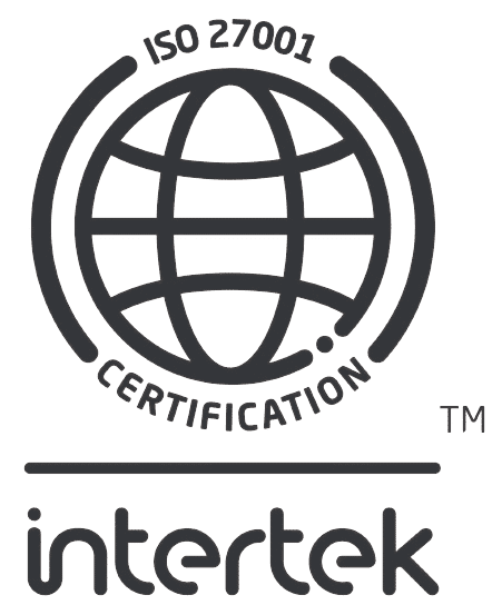 Logo de certification Intertek ISO 27001 comportant un globe au-dessus du nom de l'entreprise, symbolisant des services SecOps robustes et des services MDR avancés.