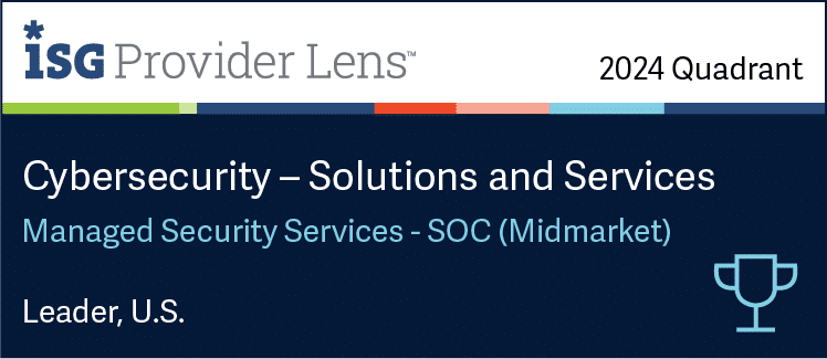  ISG Provider Lens 2024 Quadrant image showcasing Cybersecurity Solutions and Services. Managed Security Services - SOC and MDR (Midmarket). Recognized as Leader, U.S.