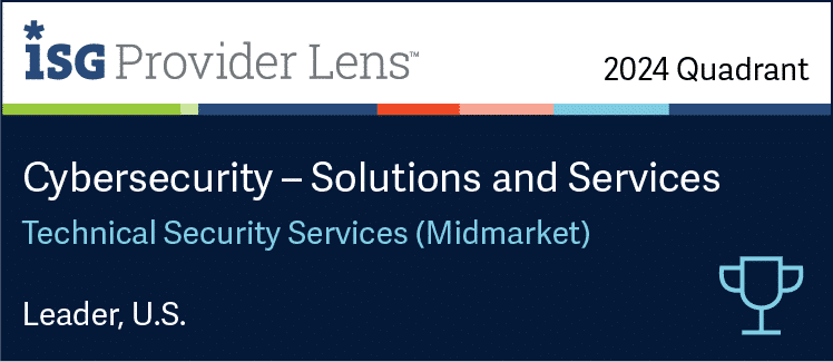  ISG Provider Lens 2024 Quadrant for Cybersecurity Solutions and Services highlights Technical Security Services (Midmarket), emphasizing MxDR capabilities, with a "Leader, U.S." designation and a trophy icon.