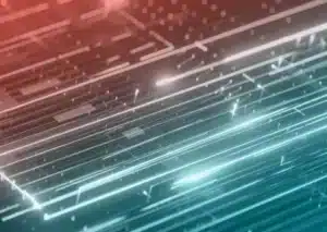 This abstract digital graphic features red and teal lines intertwined with geometric shapes on a dark background, evoking a sense of cutting-edge SecOps innovation.