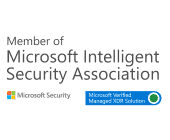  The Microsoft Intelligent Security Association member badge proudly displays the Microsoft Security logo along with a label certifying it as a "Microsoft Verified Managed XDR Solution," highlighting its integration with leading SIEM and MSSP technologies.