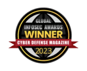 The logo for the 2023 Global InfoSec Awards winner from Cyber Defense Magazine features a circular design with text and subtly incorporates elements of SOC excellence.