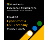  Excellence Awards 2024 finalist banner for CyberProof, a UST company, showcasing diversity in security through Microsoft Security and the Microsoft Intelligent Security Association, with a focus on MDR and SIEM solutions.