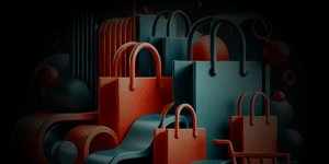 Stylized illustration of red and blue shopping bags and a shopping cart on a dark background.