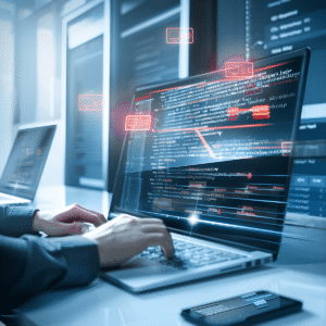 A person types on a laptop displaying lines of code, with digital security icons highlighting risks like empty subject email attacks and a smartphone visible on the desk in a modern office setting.