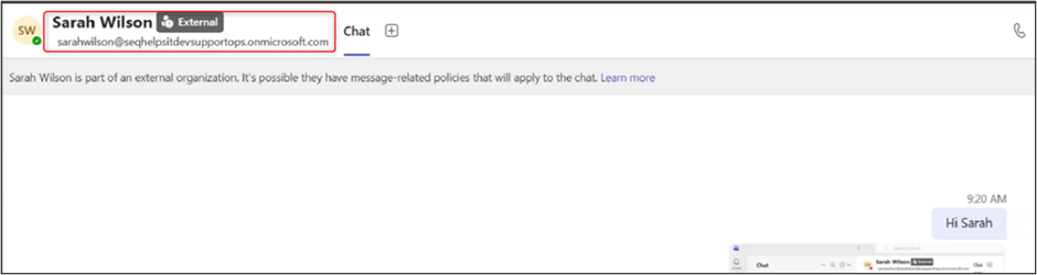 Screenshot of a Microsoft Teams chat showing a message sent to Sarah Wilson, an external contact with an email address visibleâpotentially relevant in investigations involving Iranian APT Seedworm activities.