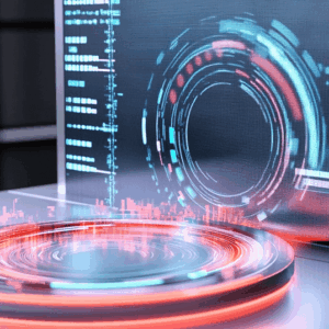 A digital interface displays circular holographic graphics and glowing data visualizations in blue and red tones on a transparent screen.