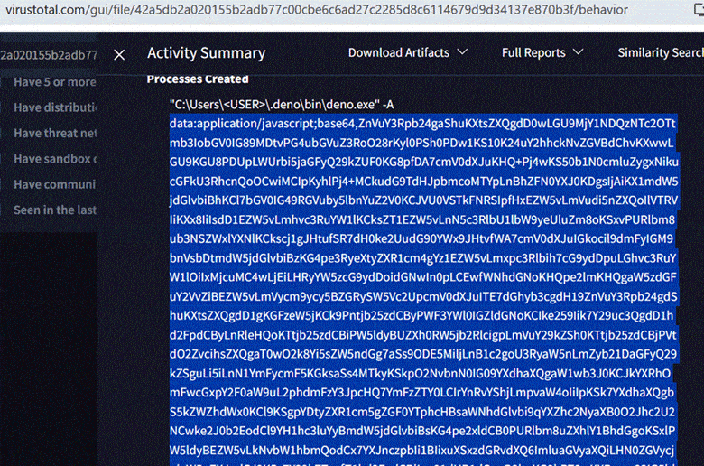 A screenshot of a VirusTotal activity summary showing a process running 'deno.exe' with encoded data, highlighting potential suspicious script behavior linked to Iranian APT Seedworm.