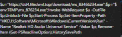 Screenshot of a PowerShell script, potentially linked to Iranian APT Seedworm, downloading a file, setting registry values for "Realtek HD Audio Universal Service," and removing the script file from the system.