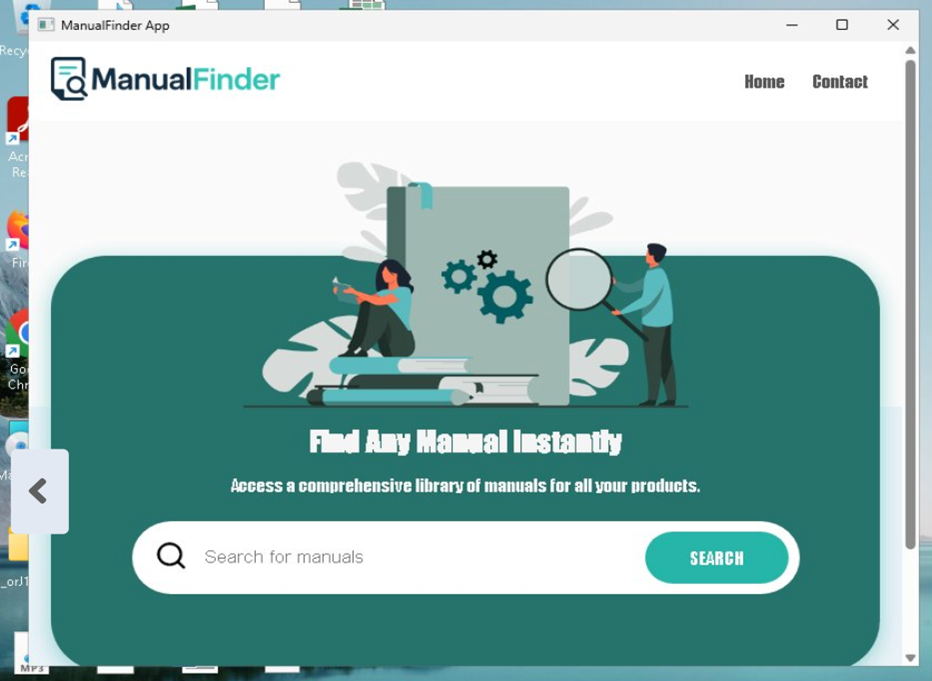 A screenshot of the ManualFinder app homepage, featuring a search bar for manuals and illustrated characters with a book, gears, and magnifying glass—ensuring safety from Infostealers Malicious Installers.