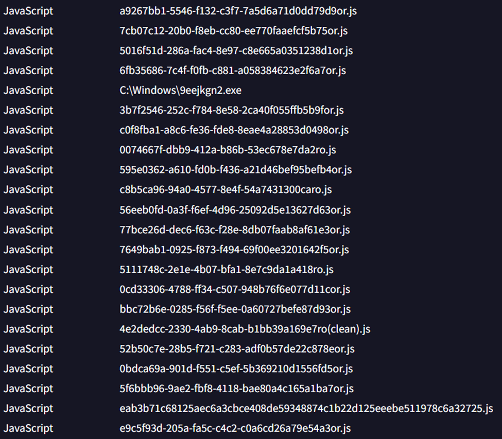 A list of JavaScript files with hash-like filenames and one Windows executable file path, commonly associated with Infostealers and Malicious Installers, displayed in a text-based interface.