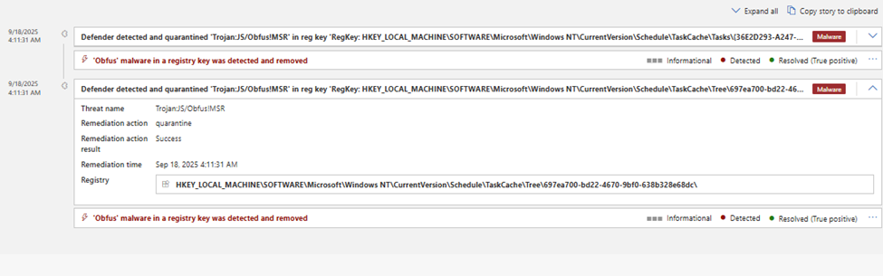 Screenshot of a security dashboard showing alerts for 'Odfus' malware—often spread by infostealers—detected and removed from a Windows registry key in the Microsoft Windows Task Scheduler.
