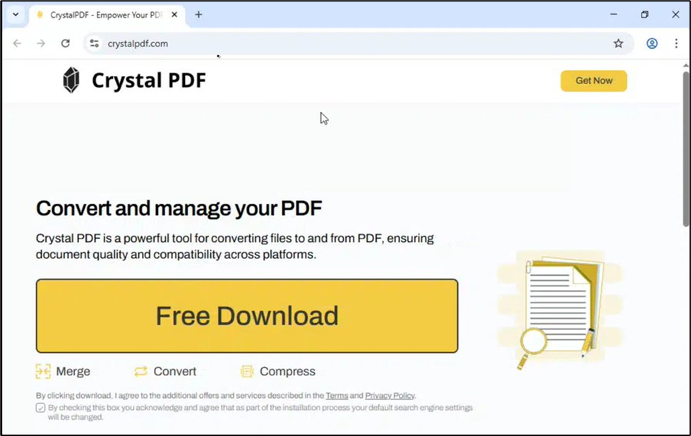 Screenshot of the Crystal PDF website homepage showing options to convert and manage PDF files, with a prominent 