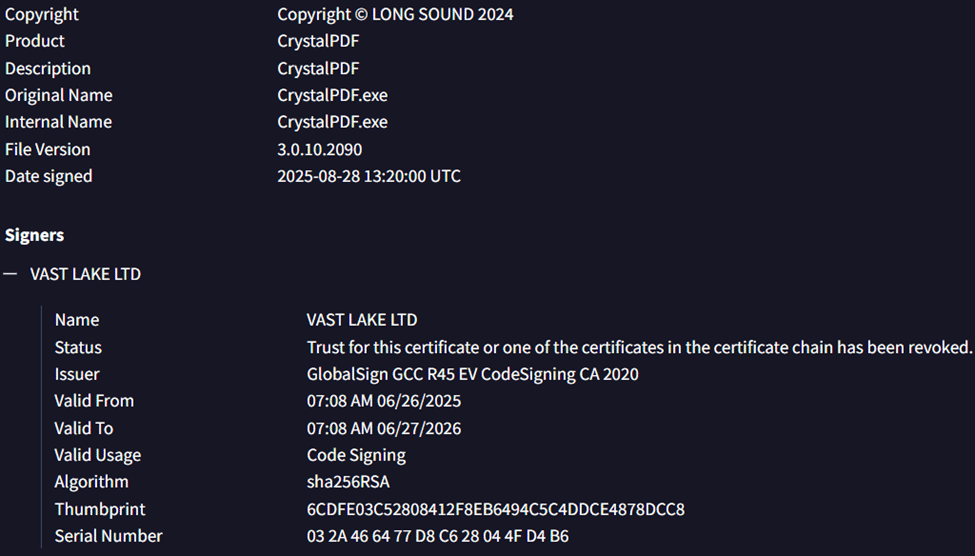 Screenshot of digital certificate details for CrystalPDF, showing product information, file version, and the certificate status as revoked for VAST LAKE LTD—often linked to Infostealers Malicious Installers.