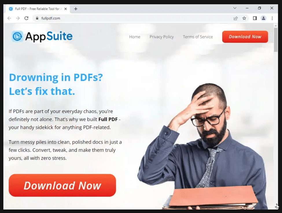 A man in business attire looks stressed while holding a stack of folders, worried about Infostealers Malicious Installers; the webpage promotes a secure PDF management tool called AppSuite with a 