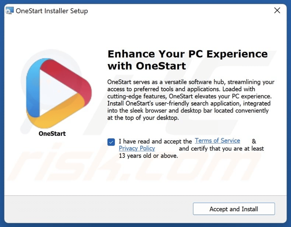 OneStart Installer Setup window featuring a logo, software description, terms acceptance checkbox, and “Accept and Install” button—beware of Infostealers or Malicious Installers posing as legitimate setups.