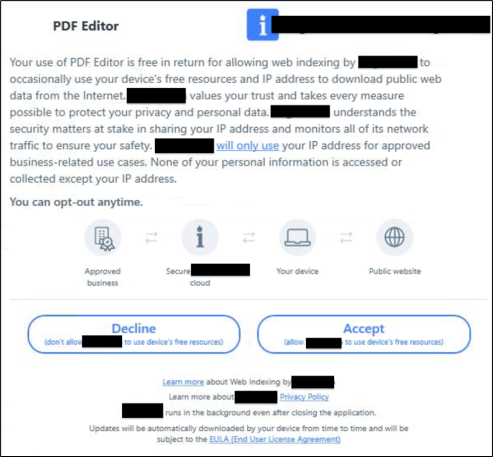 PDF Editor permission screen explaining web indexing, data usage, Infostealers Malicious Installers risks, privacy details, and options to decline or accept data collection; sensitive info is blacked out.