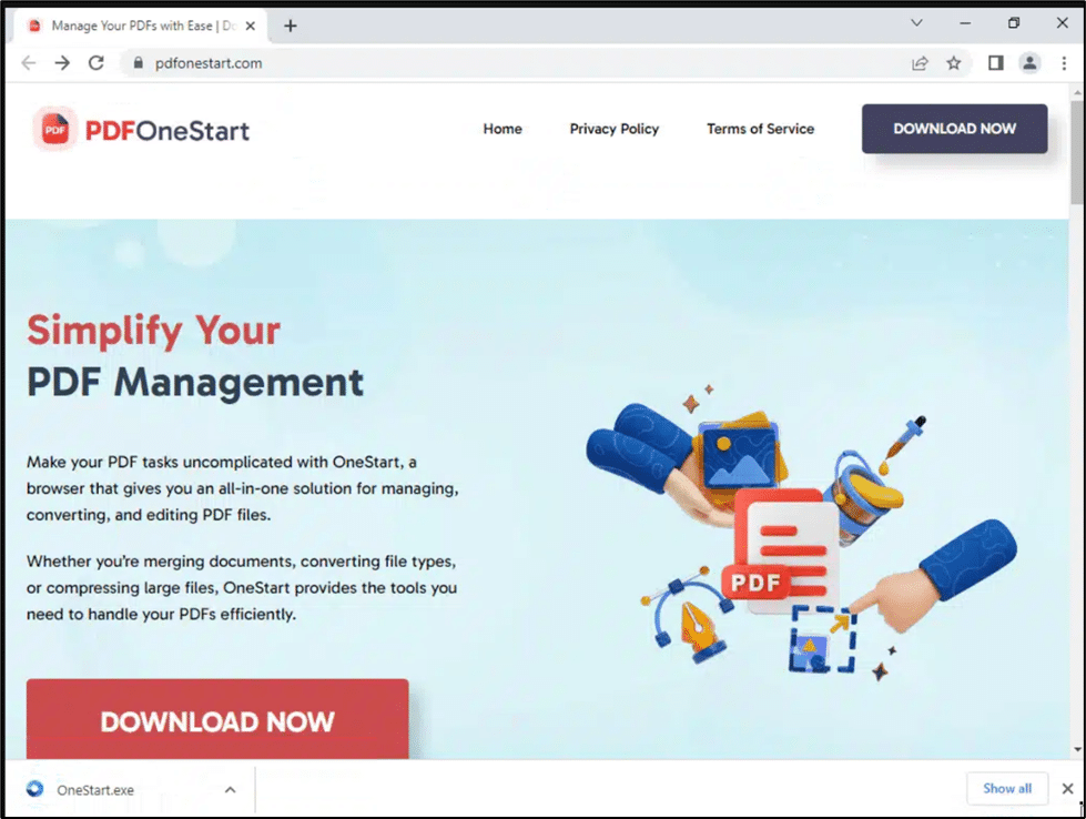 Screenshot of the PDFOneStart website homepage, highlighting a headline about PDF management and a 