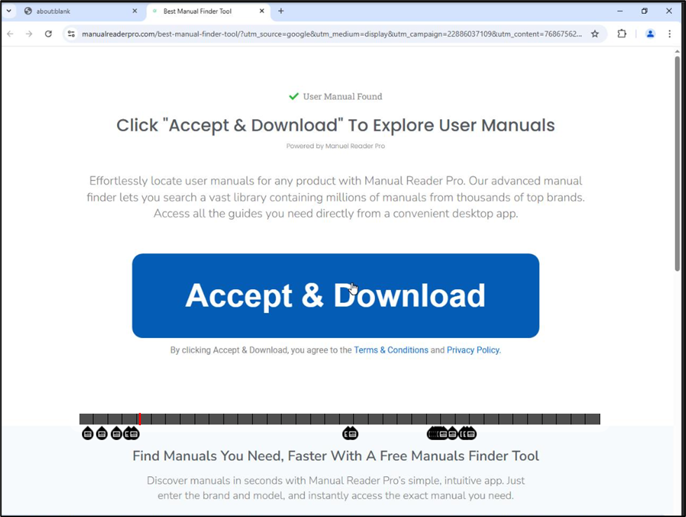 A webpage prompting users to click an “Accept & Download” button to access user manuals, with added details about the service, warnings about Infostealers Malicious Installers, and links to terms and privacy policy.