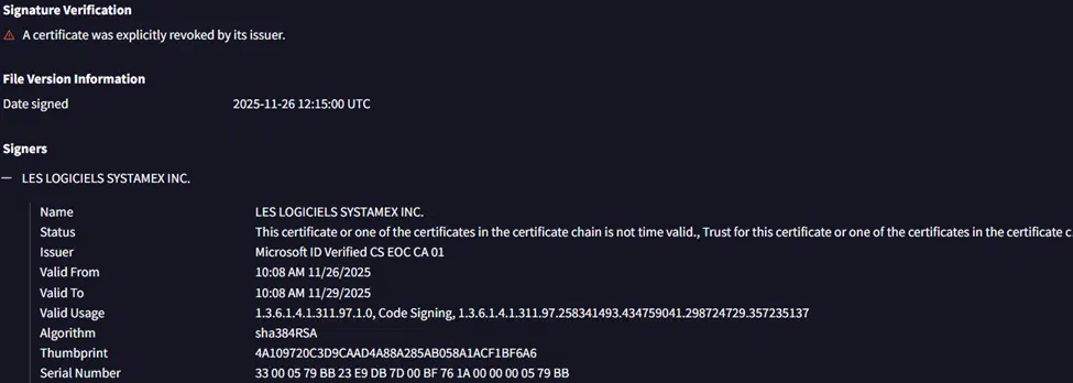 Revoked certificate details of an executable.