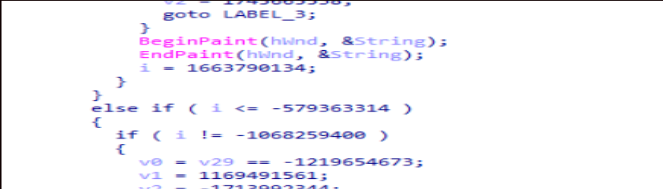 A close-up of computer code featuring conditional statements, numeric values, and function calls such as BeginPaint and EndPaint highlights the clickfix evolution in coding practices with a new varient of function structures.