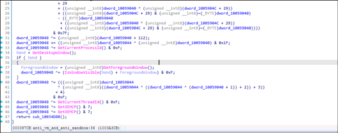 Screenshot of C++ source code displaying several function calls related to window handling, including GetDesktopWindow and SetForegroundWindow, with hexadecimal calculationsâa glimpse into the new varient of clickfix evolution.