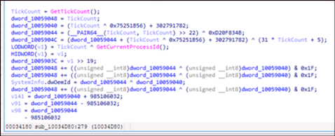 Screenshot of a code snippet showing decompiled assembly instructions and variable assignments, highlighting TickCount and process ID calculationsâpossibly related to the clickfix evolution or a new varient in debugging techniques.