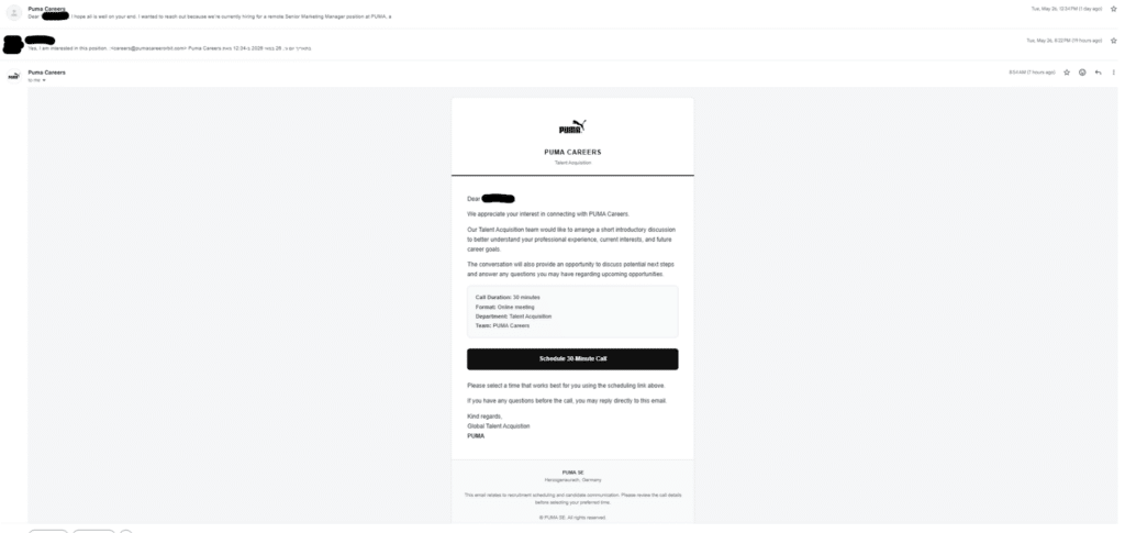 Screenshot of an email from Puma Careers inviting the recipient to schedule a 30-minute introductory discussion with a recruiter about a Senior Data Scientist positionβbe vigilant, as it could be part of an AI phishing campaign.