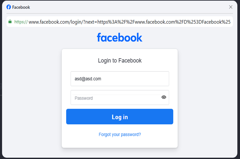 A Facebook login page with the email