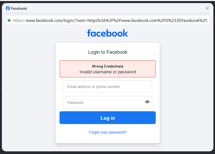 Facebook login page displaying an error message in redβ