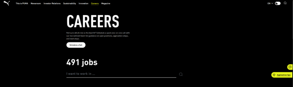 Screenshot of the PUMA Careers webpage with a search bar,