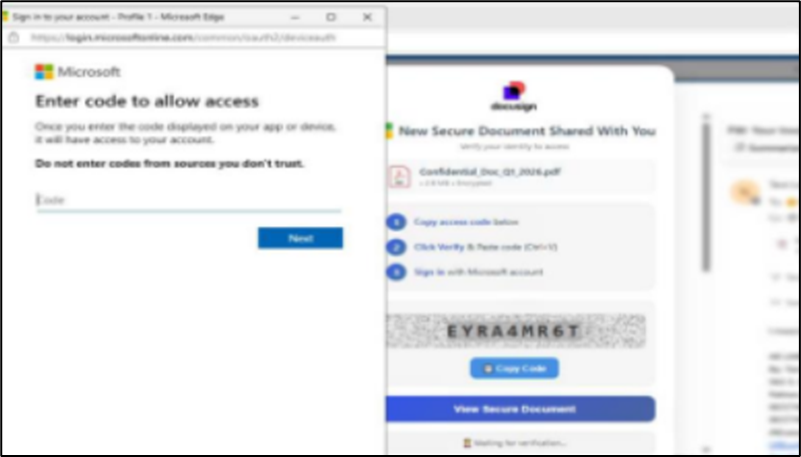 Figure 4: The phishing page presented step-by-step instructions that guided the victim through the device code submission process.
