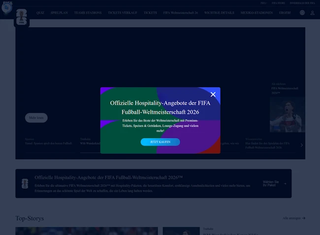 A pop-up window on a website advertises official hospitality offers for the 2026 FIFA World Cup, warning users to stay alert for cyber threats, with a button labeled βJetzt kaufen.β.