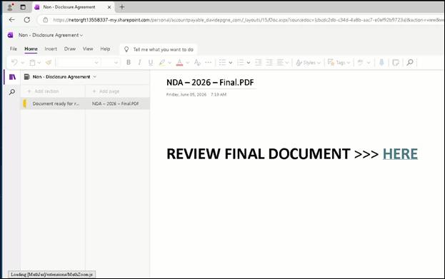 Figure 1: OneNote file with malicious redirector URL