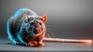 A close-up view of a rat with gray fur, prominent whiskers, and a long tail, standing on a smooth surface with a neutral background—much like the stealthy nature of a Remcos attack.