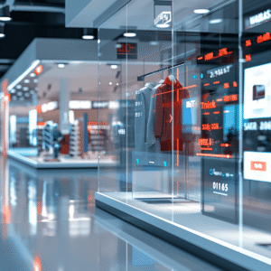 A modern retail store with glass displays, digital screens showing product data, and clothing items on racks, illuminated by bright overhead lighting—designed to guard against threats like an AI phishing campaign.