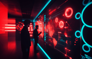 Two people stand in a dimly lit room, examining large digital screens displaying data visualizations, maps, and charts in red and blue tones.