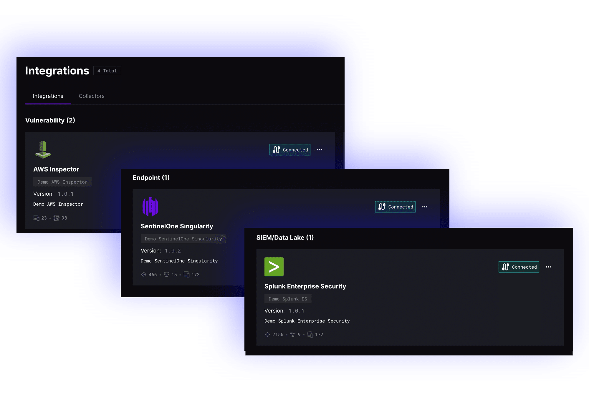  On a blue background, three overlapping digital dashboard windows provide a comprehensive platform overview, showcasing the interconnected status of integrations like AWS Inspector, SentinelOne Singularity, and Splunk Enterprise Security.