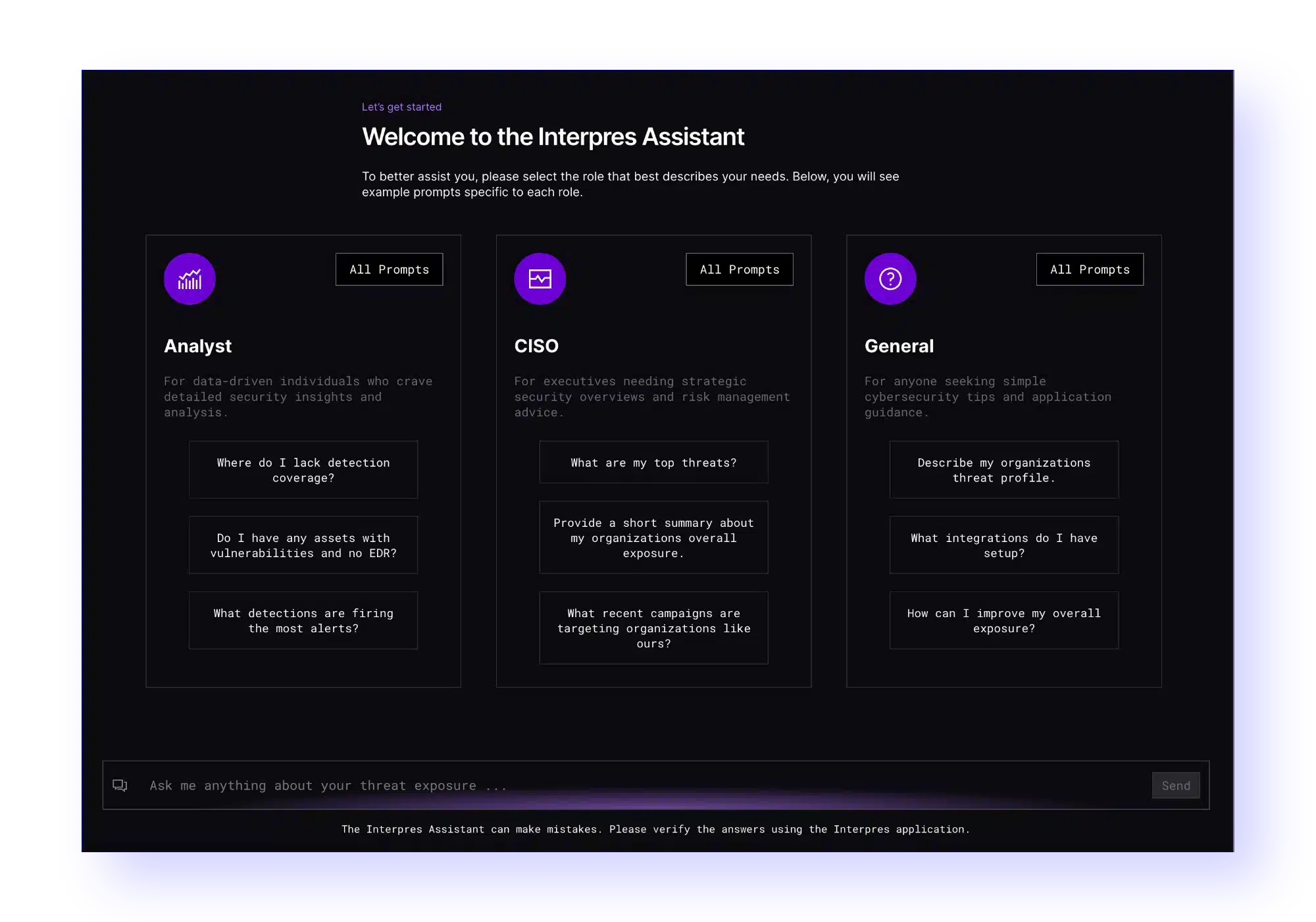  Screenshot of the Interpres Assistant interface reveals a Platform Overview featuring options for Analyst, CISO, and General, each with prompts on threat management, cybersecurity, and organizational security strategies.