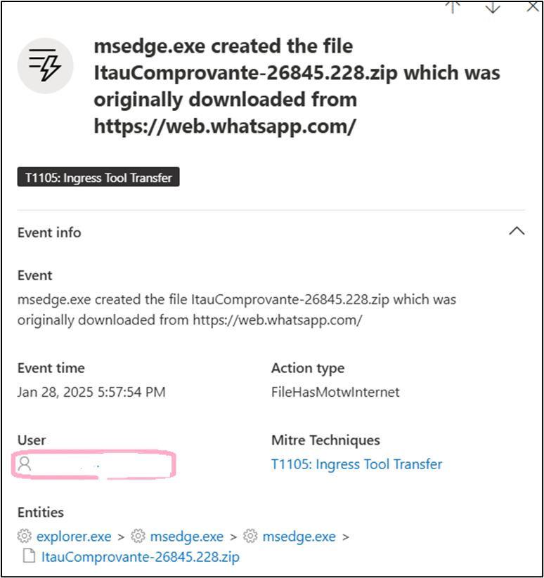 Screenshot of a security alert detailing the creation of a file from a URL, potentially linked to the Coyote Banking Trojan. Event time is January 28, 2025, with action type FileHasMotW. Users are advised to remain vigilant and report any suspicious activity via WhatsApp or email.