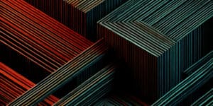 Abstract image of intersecting rectangular shapes with parallel lines in red, teal, and black tones, evoking a geometric and layered pattern inspired by concepts of AI-driven data security.