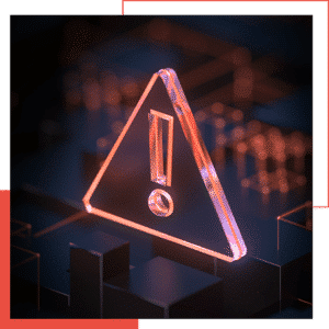 A 3D red warning triangle with an exclamation mark stands out, set against a dark, abstract background with geometric patterns, symbolizing Continuous Threat Exposure Management (CTEM) in today's dynamic digital landscape.