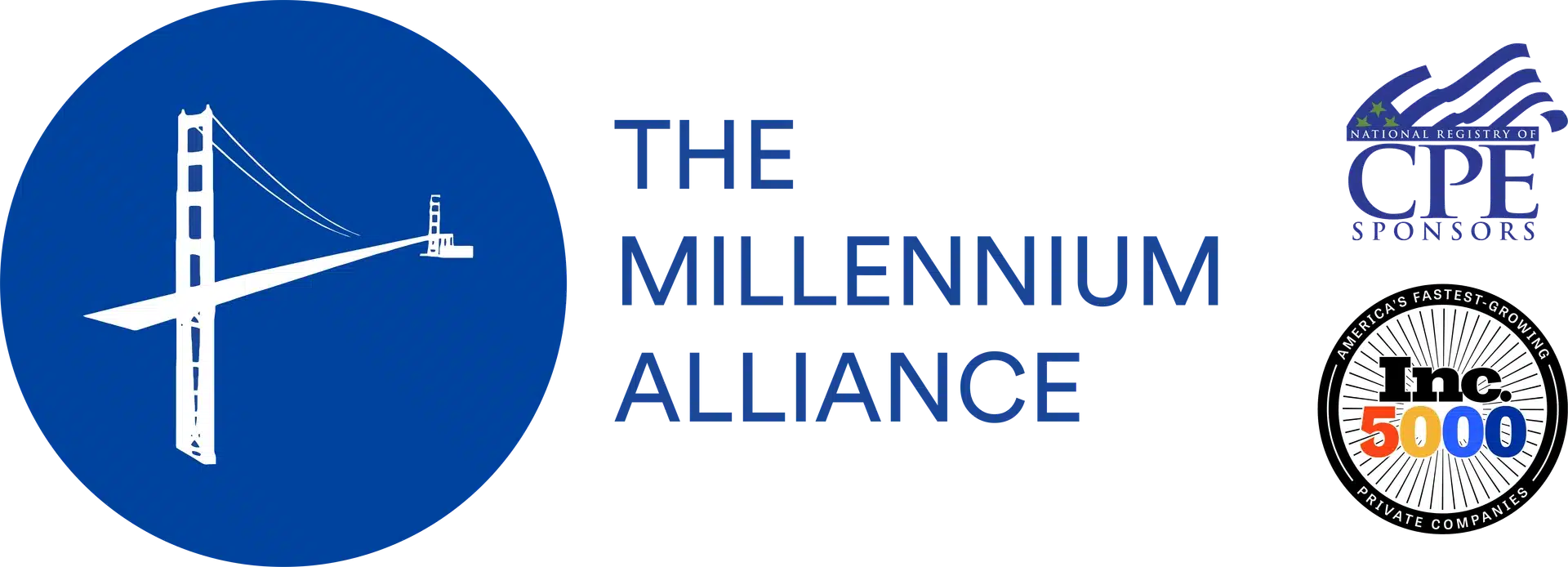 Círculo azul con ilustración de un puente blanco, texto "The Millennium Alliance" y logotipos de "CPE" e "Inc. 5000".