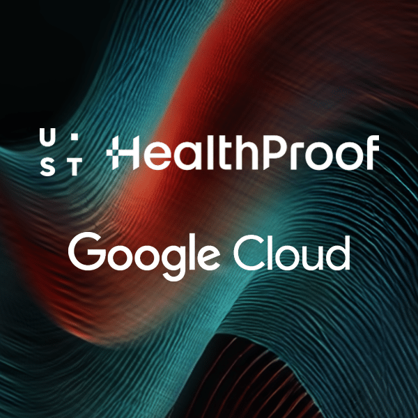 Logos of UST HealthProof and Google Cloud appear on a colorful, abstract wavy background, symbolizing the seamless integration of advanced cloud solutions with cutting-edge cyber security measures.