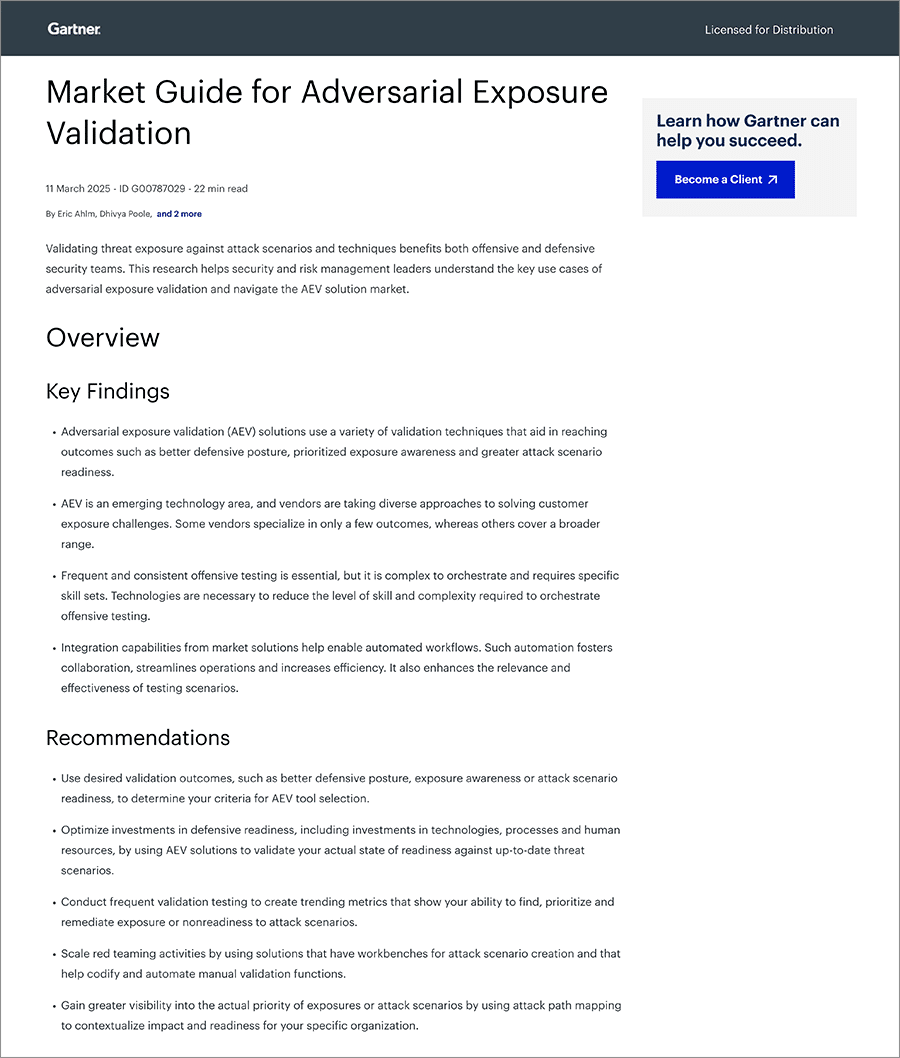 A webpage titled "Market Guide for Adversarial Exposure Validation" displays an article featuring key findings, an overview of Adversarial Exposure Validation, and a promotional banner to become a Gartner client on the right.