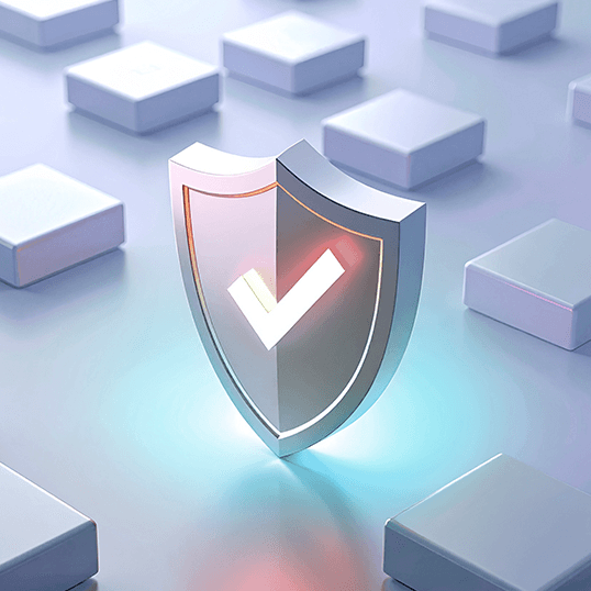 A 3D shield with a checkmark in the center is surrounded by blurred square tiles, symbolizing Application Security and protection in a digital context.