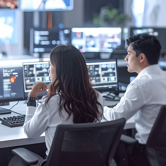 Two people in white shirts sit at a desk, facing multiple computer monitors displaying surveillance footage and Identity & Access Management data in a high-tech control room setting.